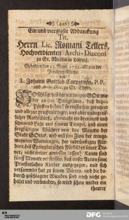 Ein und viertzigste Abdanckung Tit. Herrn Lic. Romani Tellers...