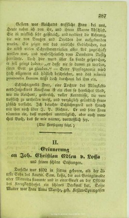 Erinnerung an Joh. Christian Edlen v. Lossa und seinen schöne Stiftungen