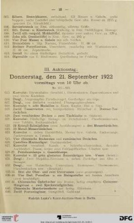 III. Auktionstag: Donnerstag, den 21. September 1922 (Nr. 615-933)