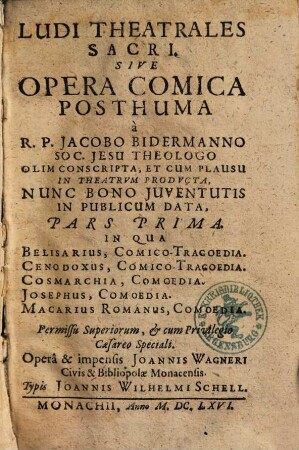 Ludi theatrales sacri sive opera comica posthuma, 1.. Belisarius ...
