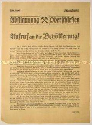 Prodeutscher Wahlaufruf der vereinigten Verbände heimattreuer Oberschlesier und des Deutschen Schutzbundes an die Berliner anlässlich der Volksabstimmung über den Verbleib von Oberschlesien