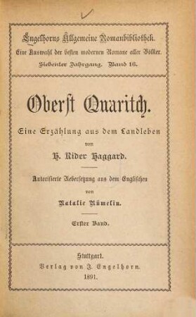 Oberst Quaritch : Eine Erzählung aus dem Landleben. Autorisierte Übersetzung aus dem Englischen von Natalie Rümelin, 1