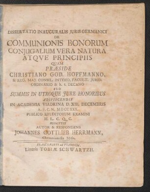 Dissertatio Inauguralis Iuris Germanici De Communionis Bonorum Coniugalium Vera Natura Atque Principiis