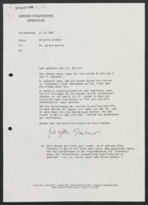 Brief an Gerard Mortier, 21.12.1990