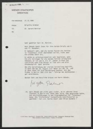 Brief an Gerard Mortier, 21.12.1990