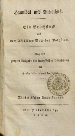 Hannibal und Antiochus : ein Bruchstück aus dem XVIIIten Buch des Polybius