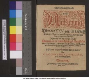 Ehe vnd Haußspiegel Das ist: Außlegung Vber das XXV. cap. im 1. Buch Samuel. Von der vereheligung Davids mit Abigail ... Jn Zwantzig vnd Acht Predigten verfasset ... Gehalten in der Stifftkirchen zu Zeits Von M. IACOBO ZADERO VVEIDENSI, zu S. Nicolai Pfarherrn