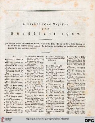 Alphabetisches Register zum Kunstblatt 1822