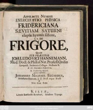 Exercitatio Physica Fridericiana Sævitiam Saturni elapsæ hyemis sistens, i.e. De Frigore