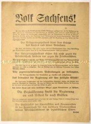 Solidaritätsaufruf an die sächsischen Arbeiter anlässlich der Ausrufung des Belagerungszustandes - gegen Streik und für die Unterstützung der Regierung beim Wiederaufbau
