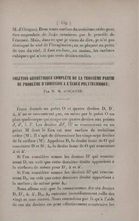 Solution géométrique complète de la troisième partie du problème d'admission a l'École Polytechnique.