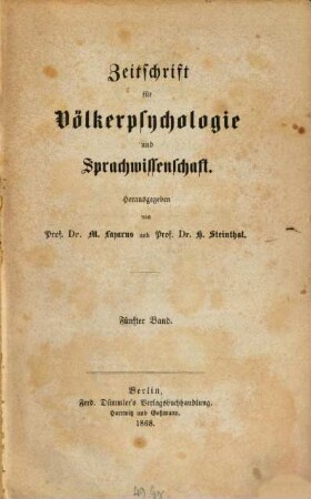 Zeitschrift für Völkerpsychologie und Sprachwissenschaft. 5. 1868