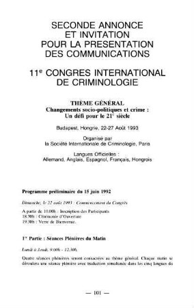 101-112, Seconde annonce: 11e Congrès international de criminologie