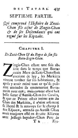 Chapitre I. De Zuzi-Chan & du Regne de son fils Batu-Sagin-Chan.