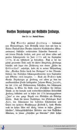 Goethes Beziehungen zur Geschichte Freiburgs.