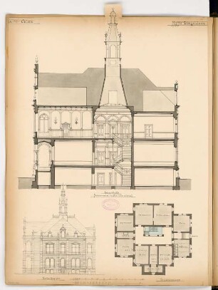 Rathaus, Calau Monatskonkurrenz März 1879: Grundriss Keller, Aufriss Seitenansicht, Querschnitt; 2 Maßstabsleisten