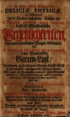 M. Joh. Mich. Schwimmers Deliciæ Physicæ & Curiosæ : In III. Theilen bestehend. Davon im I. Deliciæ Physicæ Varii Generis, daß ist: Physicalische Ergetzlichkeiten, Von unterschiedlichen Dingen überhaupt. Im II. Deliciæ Physico-Hortenses, Oder: Physicaliche Garten-Lust, Darinnen aufrichtig-eröffnende Kunst-Griffe zu nutzbarer Blumen-Zucht; Wie auch zu Baum-Garten und Feld-Zucht; Kräutern, it. Küchen-Gewächsen, und andern dergleichen anmuthigen und nützlichen Sachen, angewiesen. Und im III. Deliciæ Physico-Astrologico-Hortenses, Oder: Physicalische Himmels-Betrachtung und Garten-Lust, zu Erläuterung der physikalischen Ergetzlichkeiten enthalten, Sammt einem vollkommenen Register über das gantze Werck