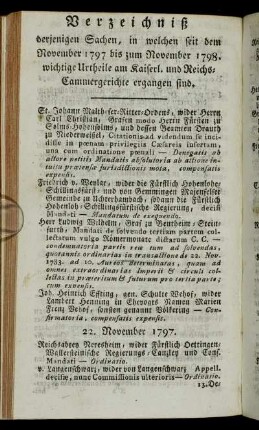 Verzeichniß derjenigen Sachen, in welchen seit dem November 1797 bis zum November 1798. wichtige Urtheile am kaiserl. und Reichs-Cammergerichte ergangen sind.