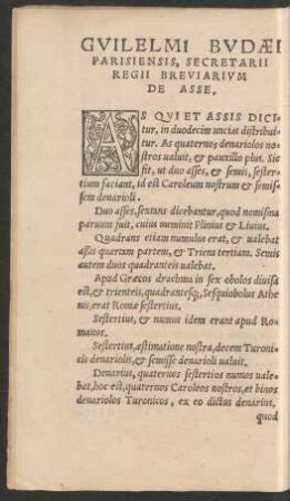 Guilelmi Budaei Parisisensis, Secretarii Regii Breviarium De Asse.
