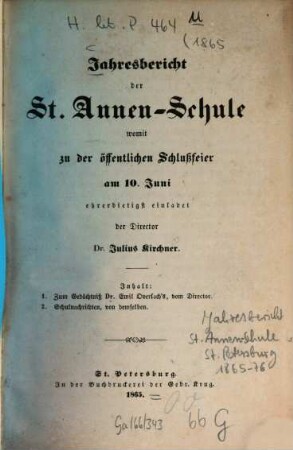 Jahresbericht der St.-Annen-Schule. 1865