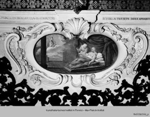 Ausmalung des Oratorio della Santissima Trinità : Wanddekoration : Heilige und Selige der Familie Piccolomini: Maria mit Kind in der Krippe erscheint der Seligen Monaca Piccolomini