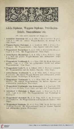 Adels-Diplome, Wappen-Diplome, Privilegien-Briefe, Stammbäume etc (Nr. 1 - 161)