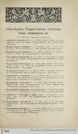 Adels-Diplome, Wappen-Diplome, Privilegien-Briefe, Stammbäume etc (Nr. 1 - 161)