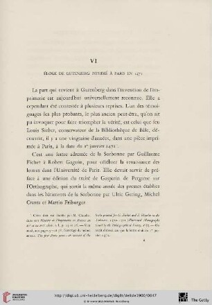 VI Éloge de Gutenberg imprimé à Paris en 1471