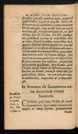 In sermone de sacramento coenae dominicae contra fanaticos.