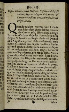 Copia Fæderis inter Sacram Cæsaream Majestatem,[...]