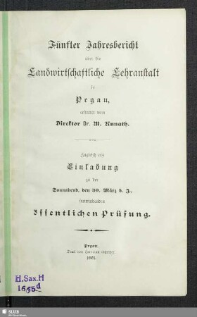5.1901: Jahresbericht über die Landwirtschaftliche Lehranstalt in Pegau