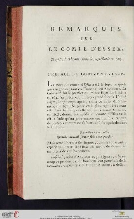 Remarques sur le Comte d'Essex, Tragédie de Thomas Corneille, représentée en 1678
