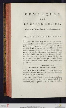 Remarques sur le Comte d'Essex, Tragédie de Thomas Corneille, représentée en 1678