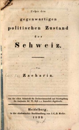 Über den gegenwärtigen politischen Zustand der Schweiz