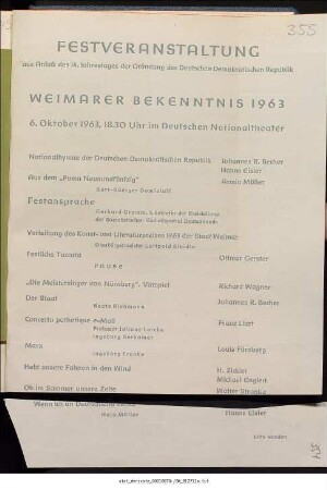 Festveranstaltung aus Anlaß des 14. Jahrestages [...] der Deutschen Demokratischen Republik Weimarer Bekenntnis 1963