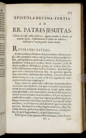 Epistola Decima-Tertia. Ad RR. Patres Jesuitas. Victoriae & Lessii eadem doctrina ...