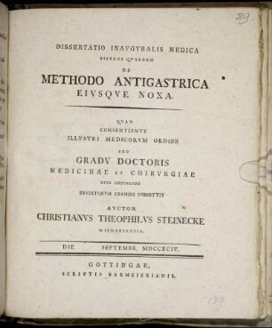 Dissertatio Inavgvralis Medica Sistens Qvaedam De Methodo Antigastrica Eivsqve Noxa