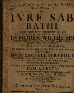 Dissertatio Ivris Ecclesiastici Inavgvralis De Ivre Sabbathi