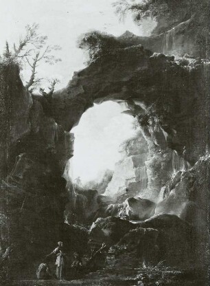 Landschaft mit Felsarkade und Wasserfall