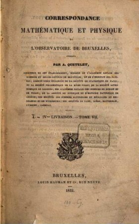 Correspondance mathématique et physique, 7. 1832