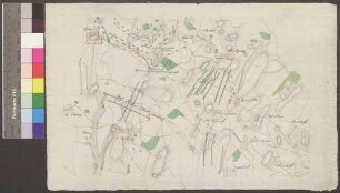 Peterwitz; [ohne Titel; Manöverkarte]; ohne Verfasser; ohne Maßstab; 37 x 24,5 cm; Kartenrand: Malschen-Beischwitz-Bahren; Kleinsiring; Zweybrot-Niederhoff; Oberhoff; Papier; Federzeichnung mit Schraffen; Siedlungen und Wälder in Wasserfarben; Truppenstellungen.