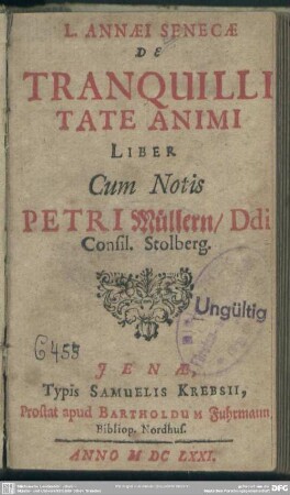 L. Annaei Senecae De Tranquillitate Animi Liber