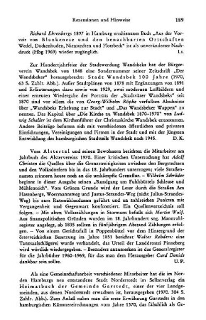 Stadt Wandsbek, 100 Jahre, Hrsg. Bürgerverein Wandsbek von 1848, zur Hundertjahrfeier der Stadtwerdung Wandsbeks, (Der Wandsbeker, Sonderausgabe Juni 1970) : Hamburg, 1970