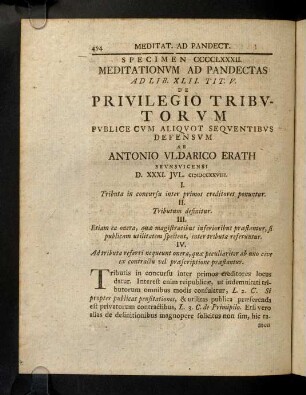 494-504, Meditat. Ad. Pandect. Sp. De Privilegio Tribvtorvm. Meditat. Ad. Pandect. Sp. CCCCXXXIII. De Pecvnia Hereditaria.