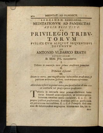 494-504, Meditat. Ad. Pandect. Sp. De Privilegio Tribvtorvm. Meditat. Ad. Pandect. Sp. CCCCXXXIII. De Pecvnia Hereditaria.