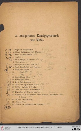 A. Antiquitäten, Kunstgegenstände und Möbel (Nr. 1 - 76)