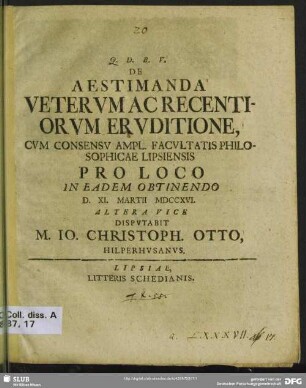 De Aestimanda Veterum Ac Recentiorum Eruditione