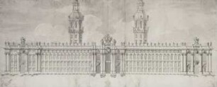 Entwurf für die Erweiterung des Dresdner Schlosses, Aufriß der Hauptfront (1711, M. D. Pöppelmann. Feder, Tusche, Wasserfarben; 43,3 x 103,0 cm). Sächsische Landesbibliothek – Staats- und Universitätsbibliothek Dresden, Handschriftensammlung, Mscr. Dresd. L. 4/Blatt 3