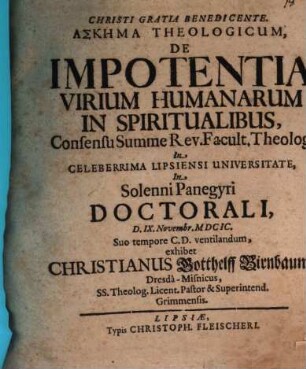 Askēma theol. de impotentia virium humanarum in spiritualibus