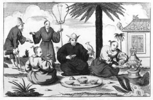 Gesellschaft beim Teetrinken : Gesellschaft beim Teetrinken. Illustration aus "Inventions Chinoises", Bd. XIV, Blatt 47. Kupferstich, Radierung, koloriert; 11,7 x 18,3 cm. Dresden: Kupferstich-Kabinett in B 1156, 2